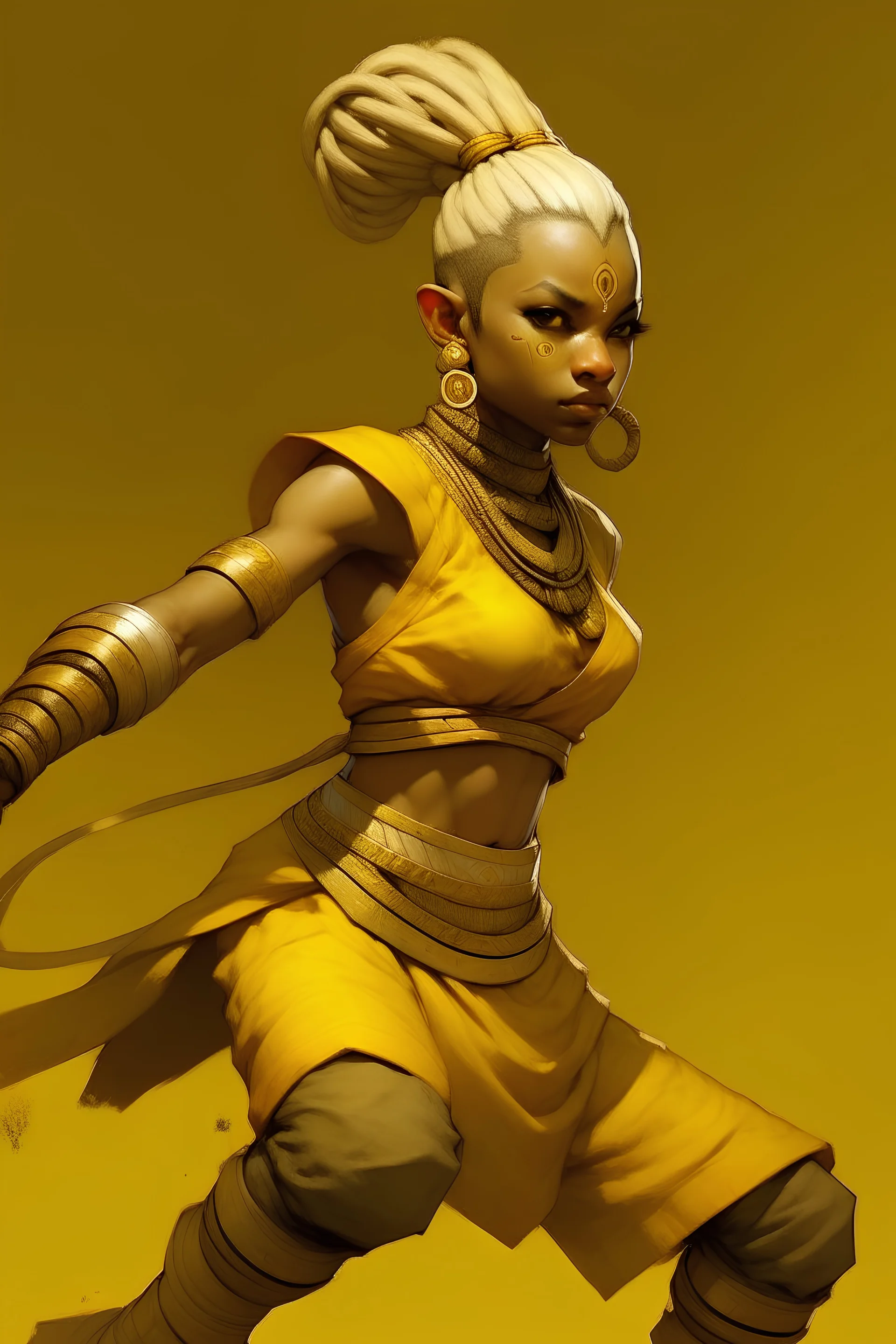 young female Githyanki doing martial arts. githyanki were tall humanoids with yellow skin and scales and bright golden eyes that were sunken deep in their orbits. They had long and angular skulls, with small and highly placed flat noses, and ears that were pointed and serrated in the back side. They had white braided hair which they styled in topknots. Their teeth were pointed.