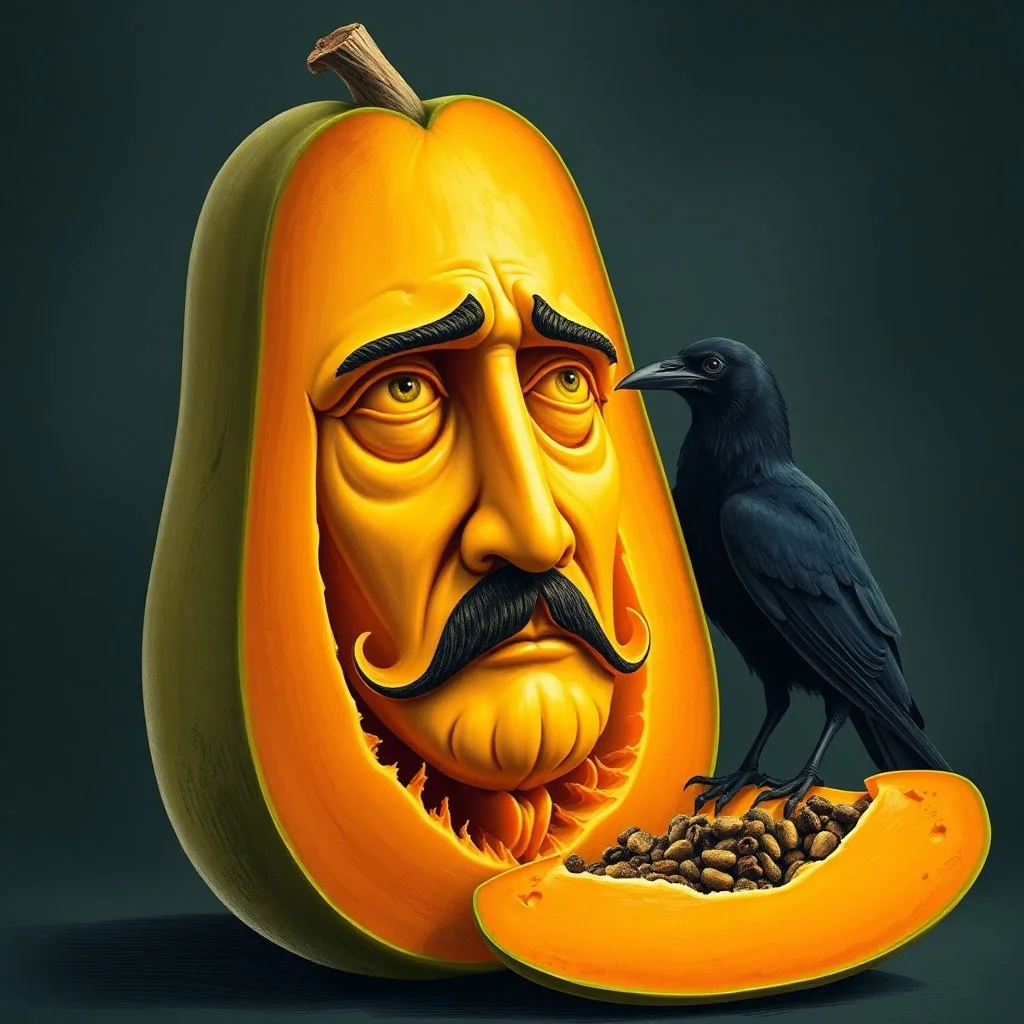 Papaya that is carved to look like the face of Edgar Allen Poe, surreal, profound, raven stands next to the papaya, detailed illustration