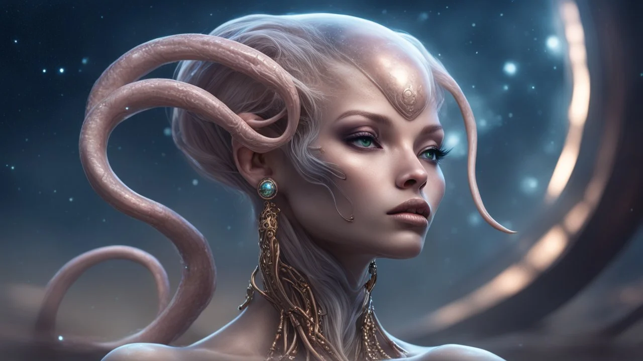 gorgeous female humanoid alien, slender muscular warrior, looking over shoulder at the sky, tentacles, coper zinc orichalcum jewelry and piercings, beautiful face, mesmerizing starry eyes, smooth translucent skin, hourglass, size DD.