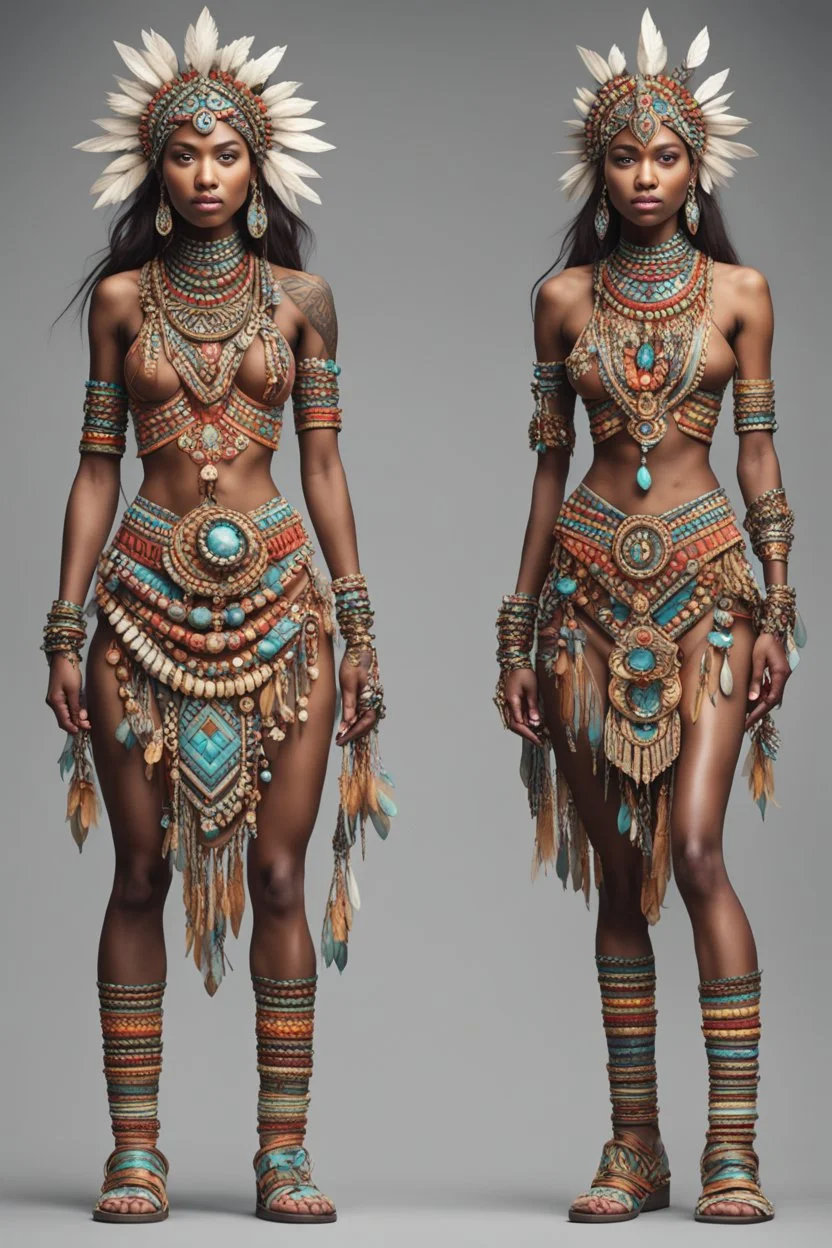 full body. cute. Fashion concept. Clothing style variations: think of a Unique and complicated tribal with jewels. 2 models, front and back. Hyper-detail. 8k quality.