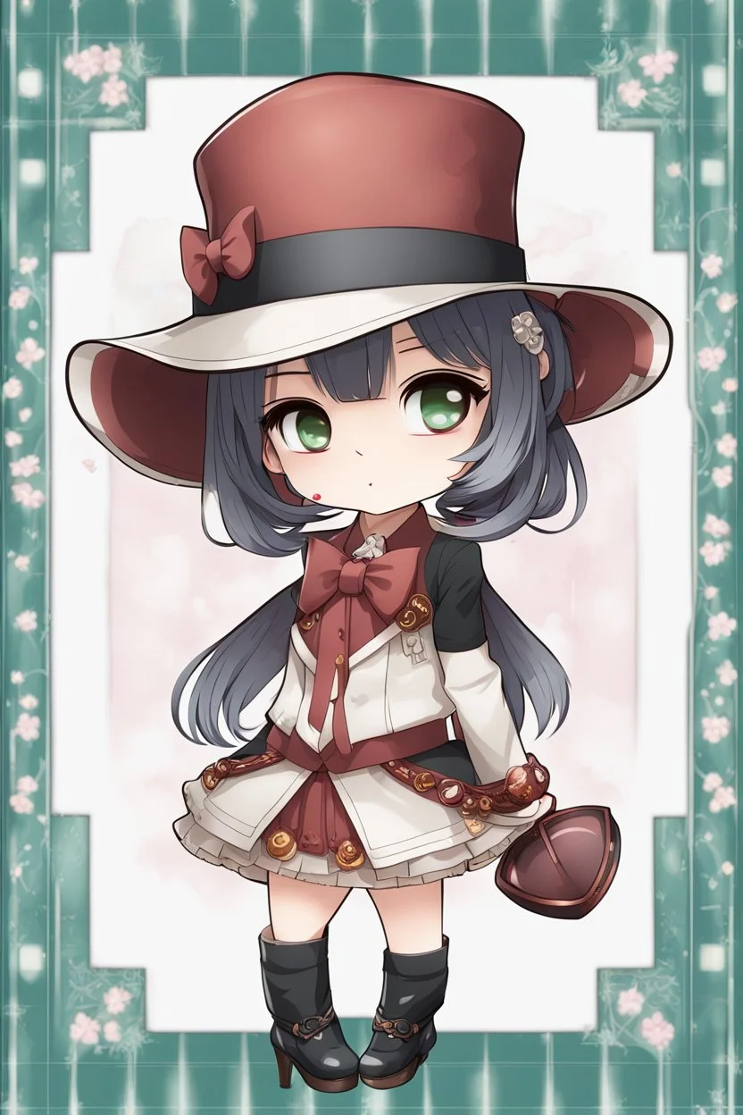 Chibi Anime girl in 1920s, nice outfit, hat, and blur background