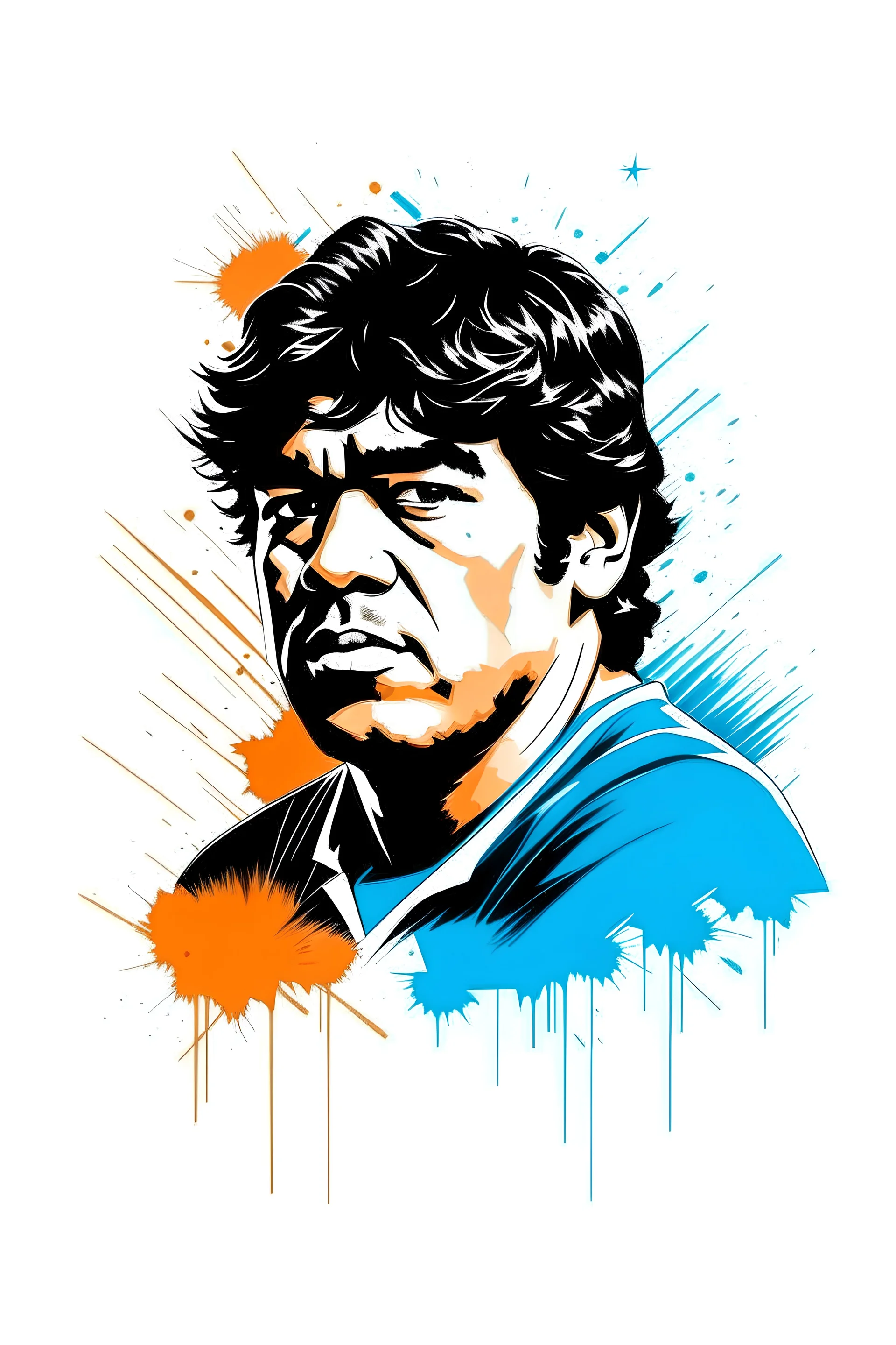 3cpo "Diego Maradona" , concept art, water color, water color effect, splash,use orang & black & white, logo design,white background,