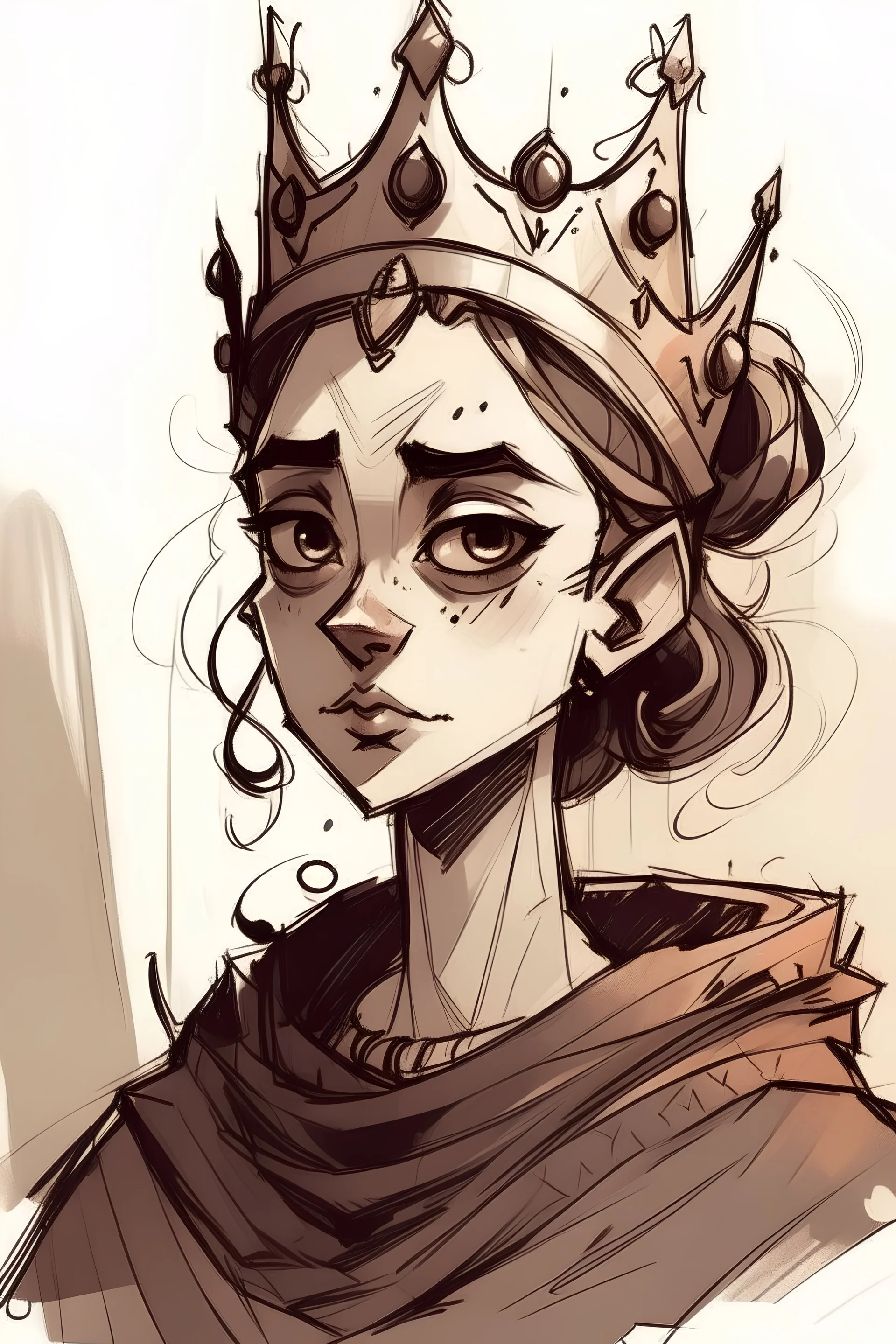 sketch of a young evilish queen that is feeling giuly but trying to pretend she is brave and she can work through it