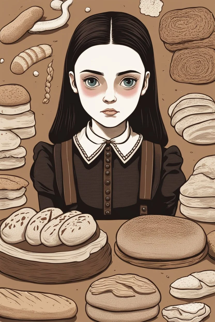 Wednesday Addams in front of Some Breads and Other Things Arranged on a Brown Background