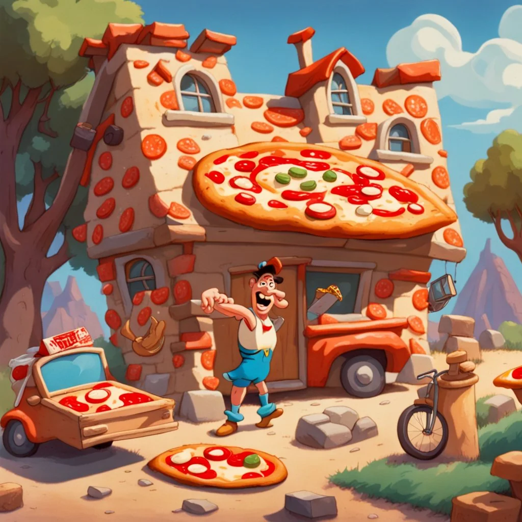 Pizza delivery to the home of Fred Flintstone.