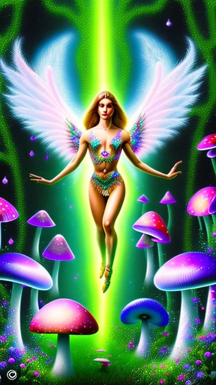 psychedelic angel flying in a magic forest full of coloured mushrooms, fluorescent, ultra detailed, photorealistic