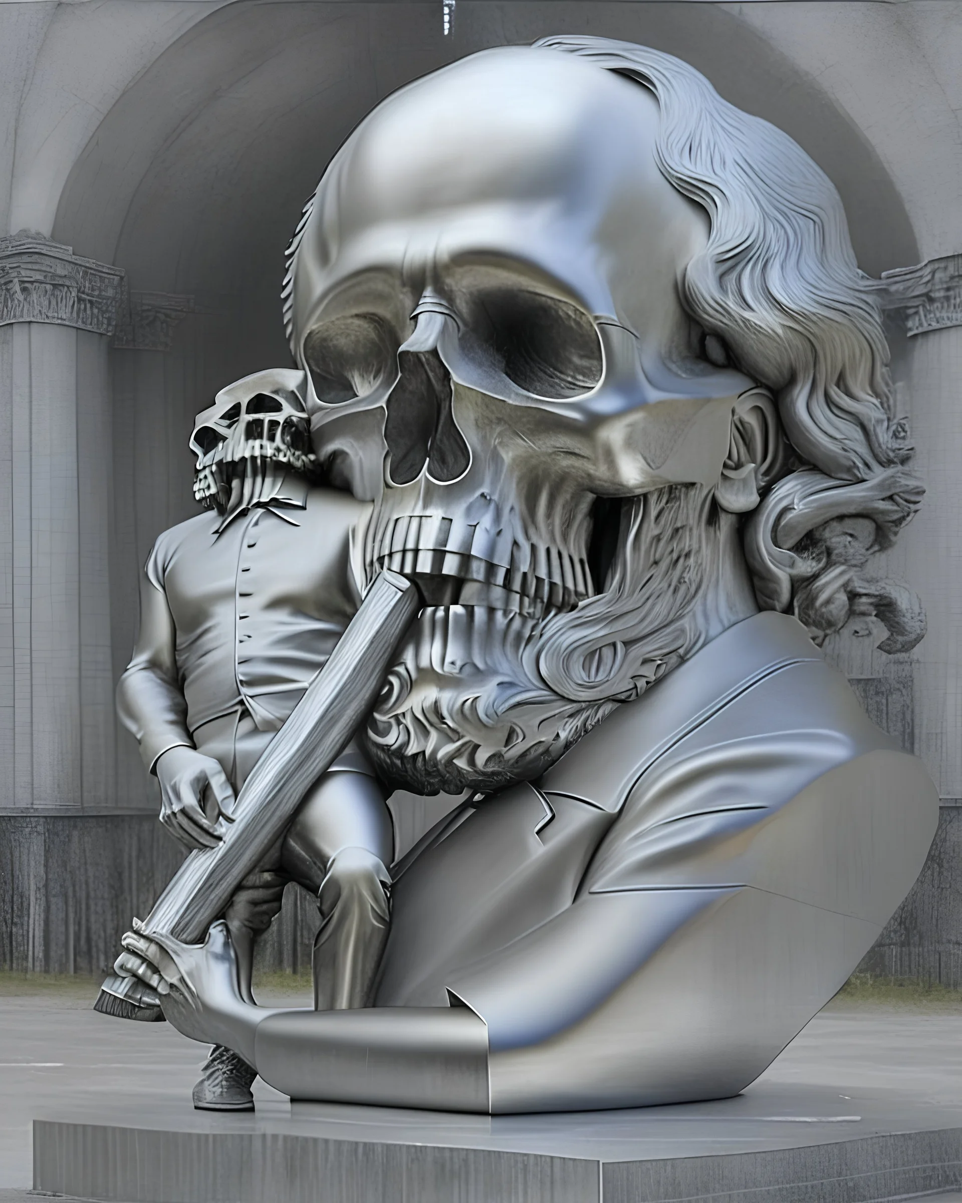 a mirrior stainless steel statue of Karl Marx hugging a huge skull, a human body-like big pen, a sickle and axe insert head of Karl Marx