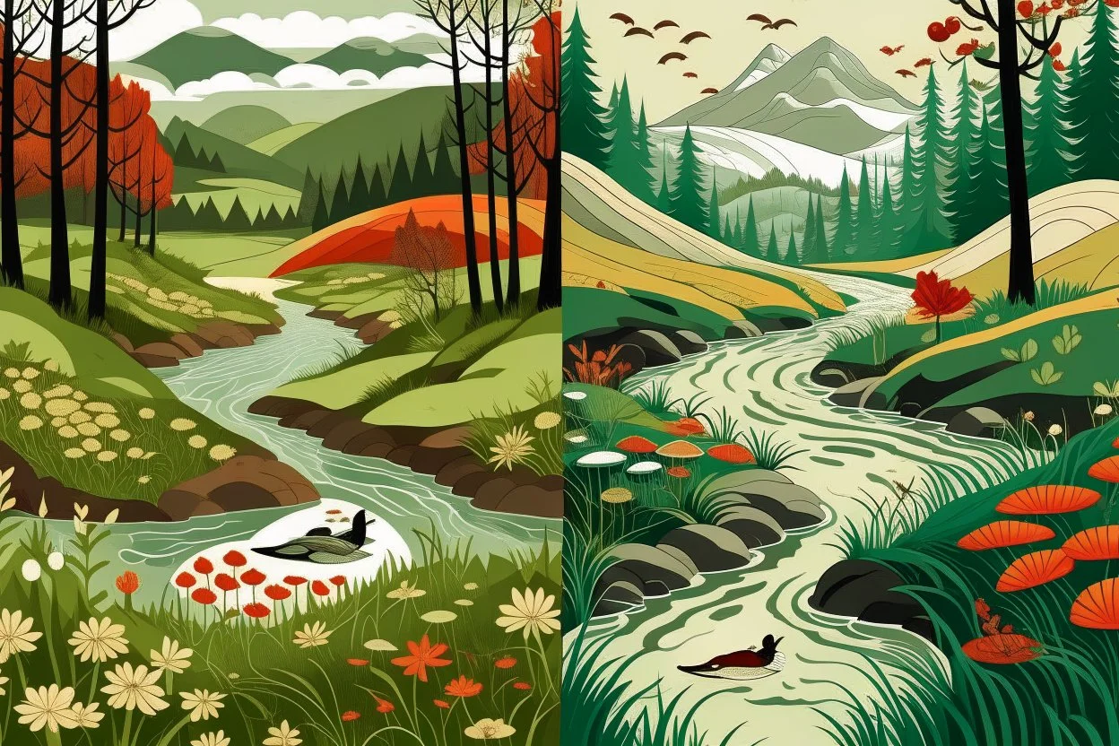 The image is divided vertically by a river, in which clocks flow instead of water. In the background are snow-covered mountains, on the left bank of the river an autumn forest with deciduous trees, and at the base of one of them a red mushroom with white spots. On the right bank of the river, a spring green meadow with wild flowers, butterflies fluttering, bunnies scurrying in sunshine. Watercolor on wet paper, soft strokes, shading pastel colors, reflection, mist, fog.