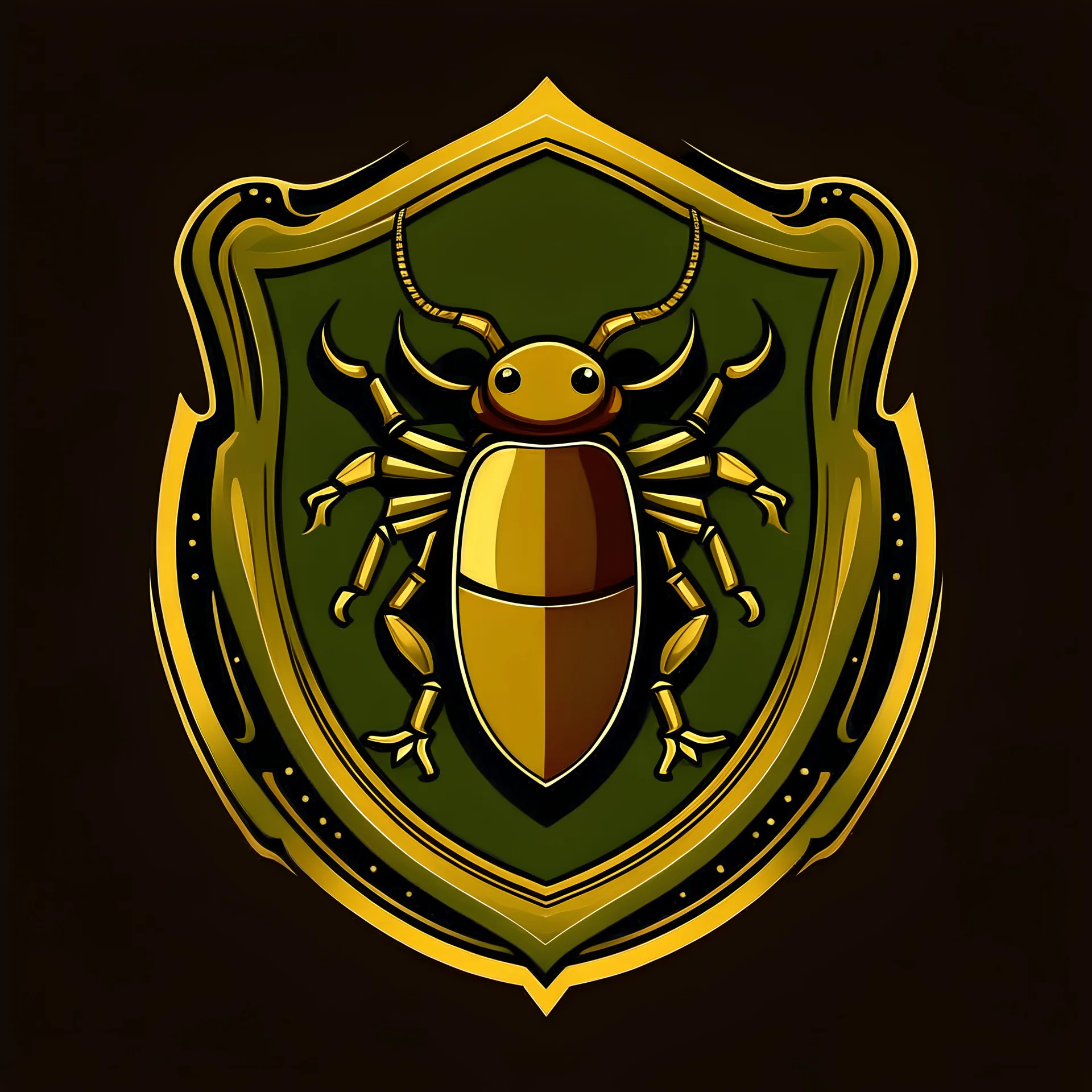 Create an elegant shield logo with a ugly cockroach in the middle, clenching a gold coin. The shield may have green accents.