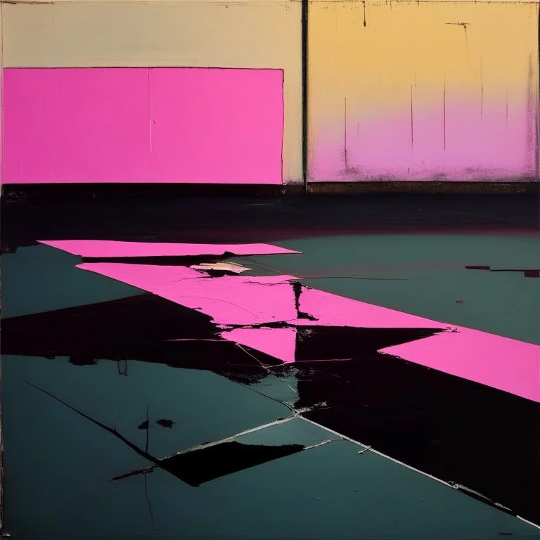 Minimal contemporary abstract oil paintings desolate 1960s carpark concrete fragments at dusk sunset. In the style of Justin Mortimer and Francis Bacon. road markings.