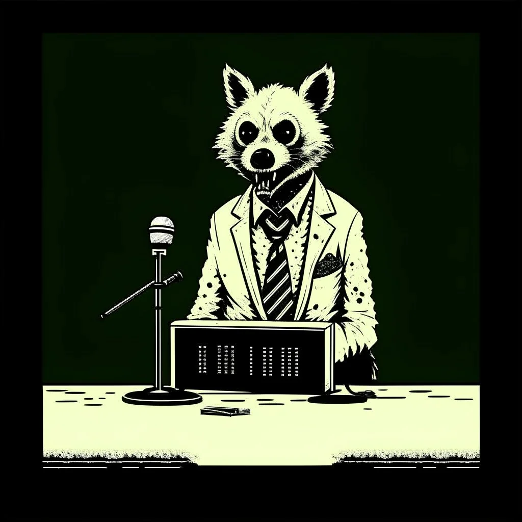 Hyena in a suit and tie, as an announcer sitting at the transmission table with a microphone presenting a newscast. Banksy cómic style. Ultra quality