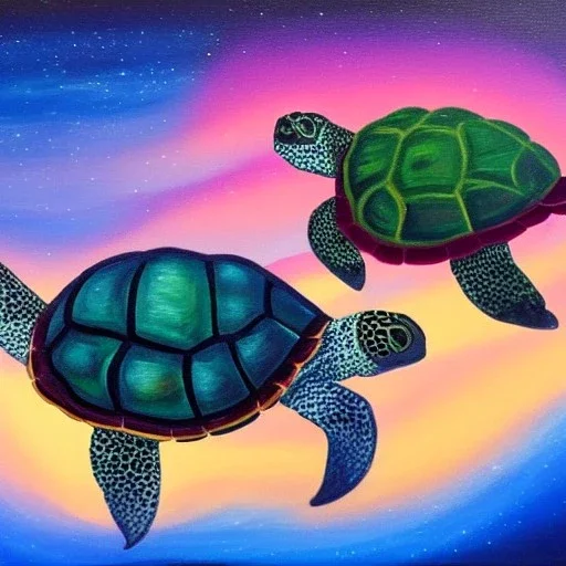 Oil painting style turtle and aurora