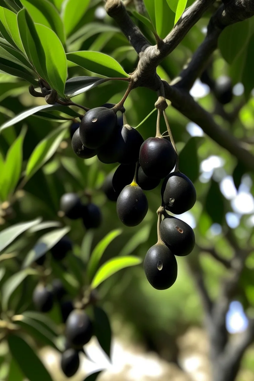 Black olives hanging on the tree instead of clusters