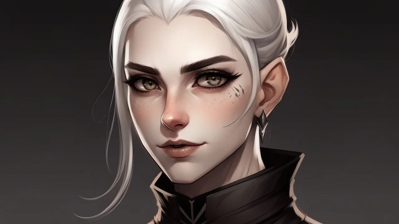 Foera's skin is light brown and her eyes are silver. She has white hair and wears it in a bun. She has a pointed chin and wears gothic eyeliner.