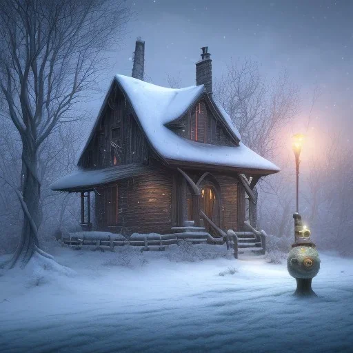 sad, miserable dog chained to fencepost outside with shadowy figure standing nearby, family home in background, winter, 8k resolution, high-quality, fine-detail, iridescent, intricate, digital art, detailed matte, volumetric lighting, illustration, 3D octane render, brian froud, howard lyon, selina french, anna dittmann, annie stokes, lisa parker, greg rutowski,