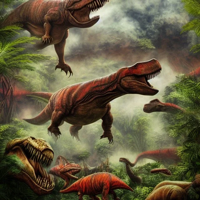 Jurassic park movie poster, (dinosaurs), active volcano, ash, forest, dynamic lighting, dynamic movement, panorama, wide-angled lense, DSLR, dramatic, 8k resolution concept art hyperdetailed dystopian 8k resolution holographic astral cosmic illustration mixed media by Pablo Amaringo, t-rex, stegosaurus, triceratops, allosaurus