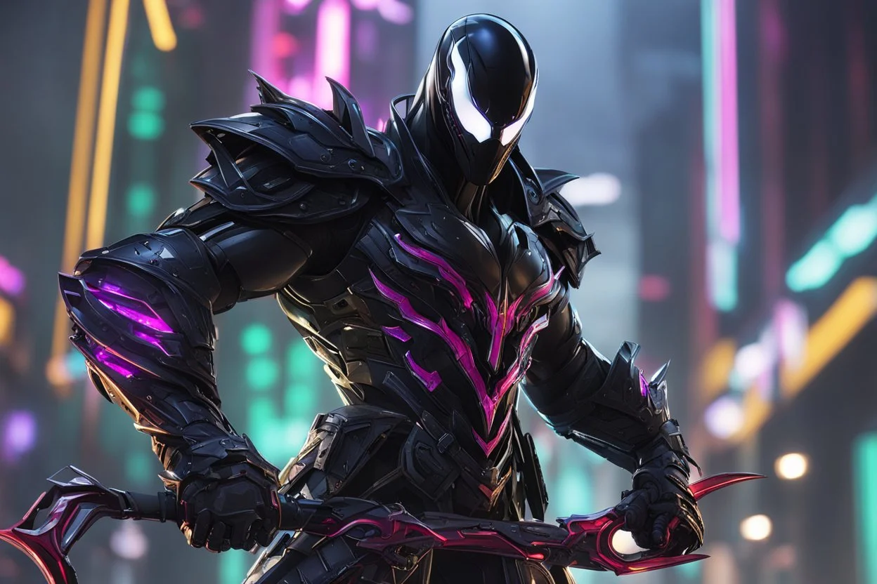 Venom Shredder machine in 8k solo leveling shadow artstyle, sombra them, close picture, rain, Shredder helmet, neon lights, intricate details, highly detailed, high details, detailed portrait, masterpiece,ultra detailed, ultra quality