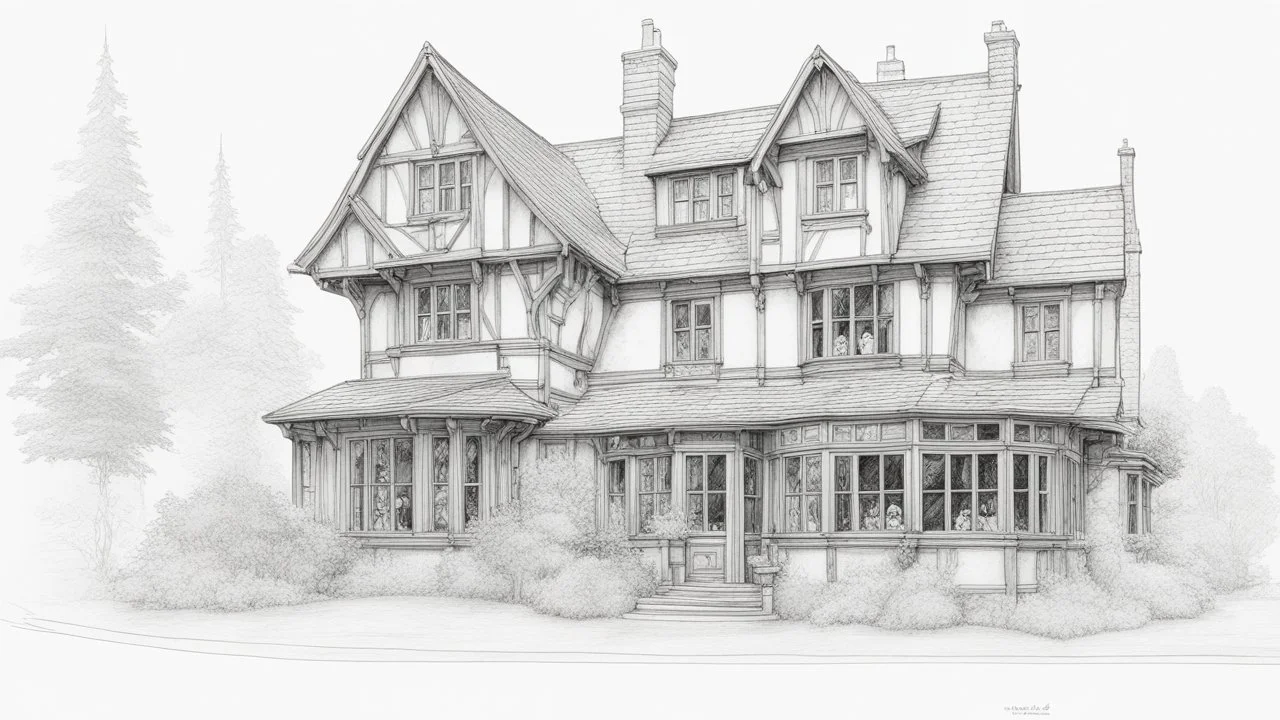 A highly detailed front elevation line drawing of Harry Potter's The Burrow.