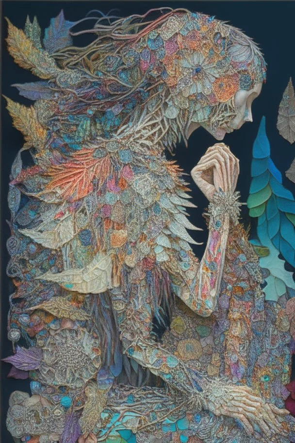 Partially skeletonized Girl cobbling together an "I' out of a patchwork quilt of many colors consisting of mixed media such as feathers, foliage, flowers, gemstones, and shiny trinkets; quilling, award-winning, masterpiece, portfolio piece Fantastical, Intricate, Hyperdetailed, Holographic, Magnificent, Meticulous, Mysterious