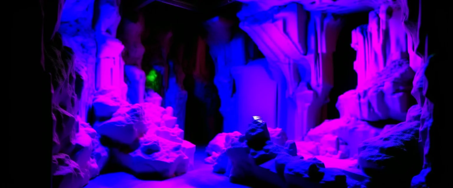 Neon purple caverns with gremlins painted by Piet Mondrian