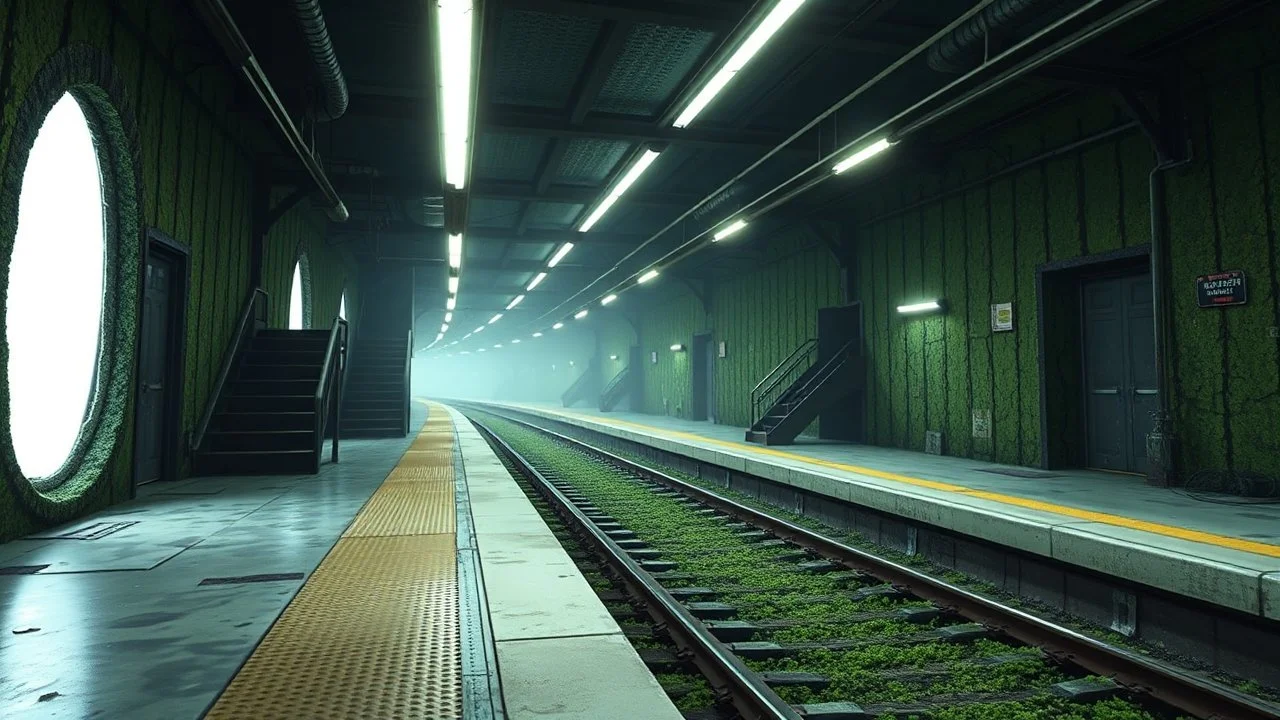 GAME CONCEPT ART .two poin perspective.Station platform and stairs from side .photograph inside of hole .very big ambient.gient station.Inside the old subway tracks, . Low light and closed green moss walls. Like the original design of the game space ,digital art.landscape,far camera old painting,2 Chen and George Hopper, Rembrandt lighting, a dark green color scheme, . --ar 13:16 --v 6. 0 metro game