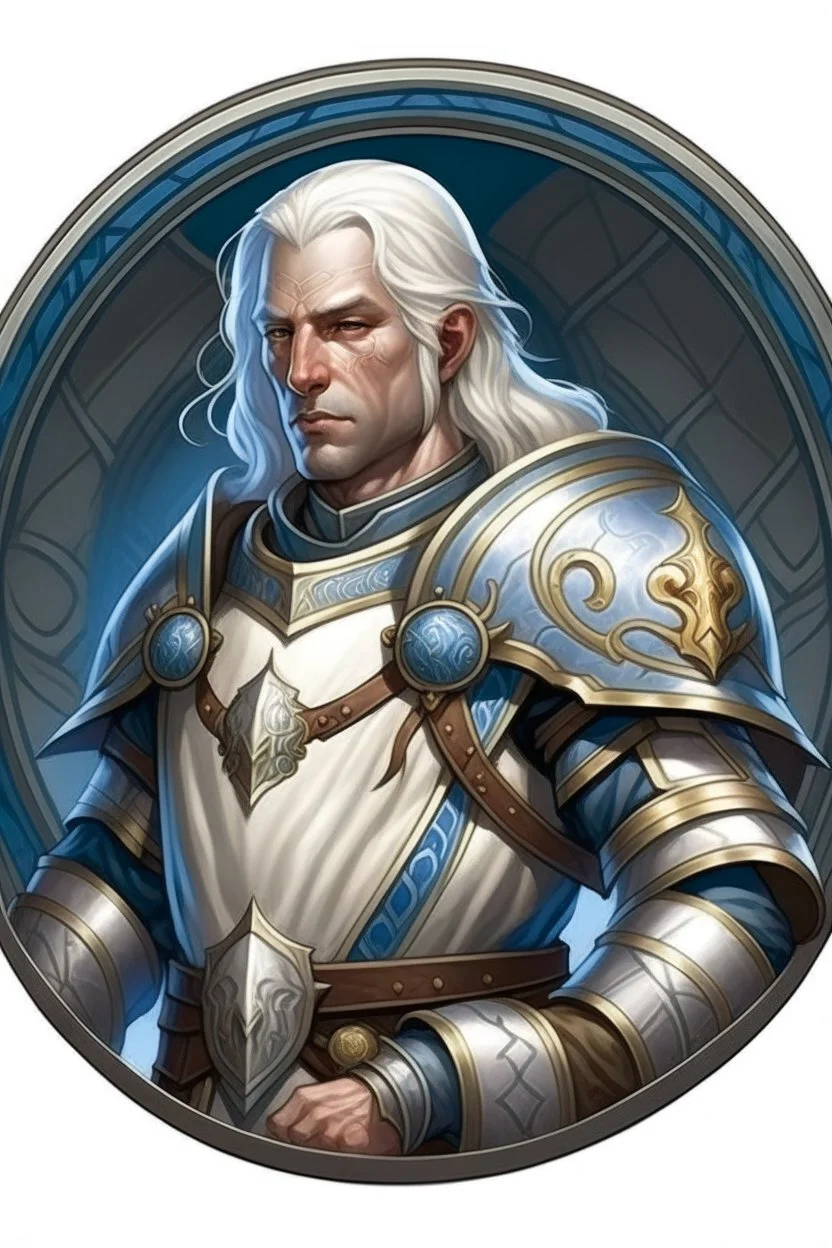 Please create an image for a 30-year old half-aasimar male with silver hair and blue eyes. He is a cleric of Selune, whose symbol should be placed on the cleric's shield, if visible in the image. The cleric should be wearing either medium or heavy armor, and carrying a warhammer or a mace and a shield