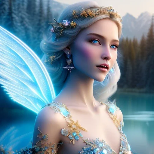 enlighten, light blue colors pastel, the whole body of a beautifull young woman with happy smiling blond bright fairy with wings, blue eyes , crystals, blue gold dress, blue sky, flowers all colors, trees , , water river . mountains 8 K, fantasy