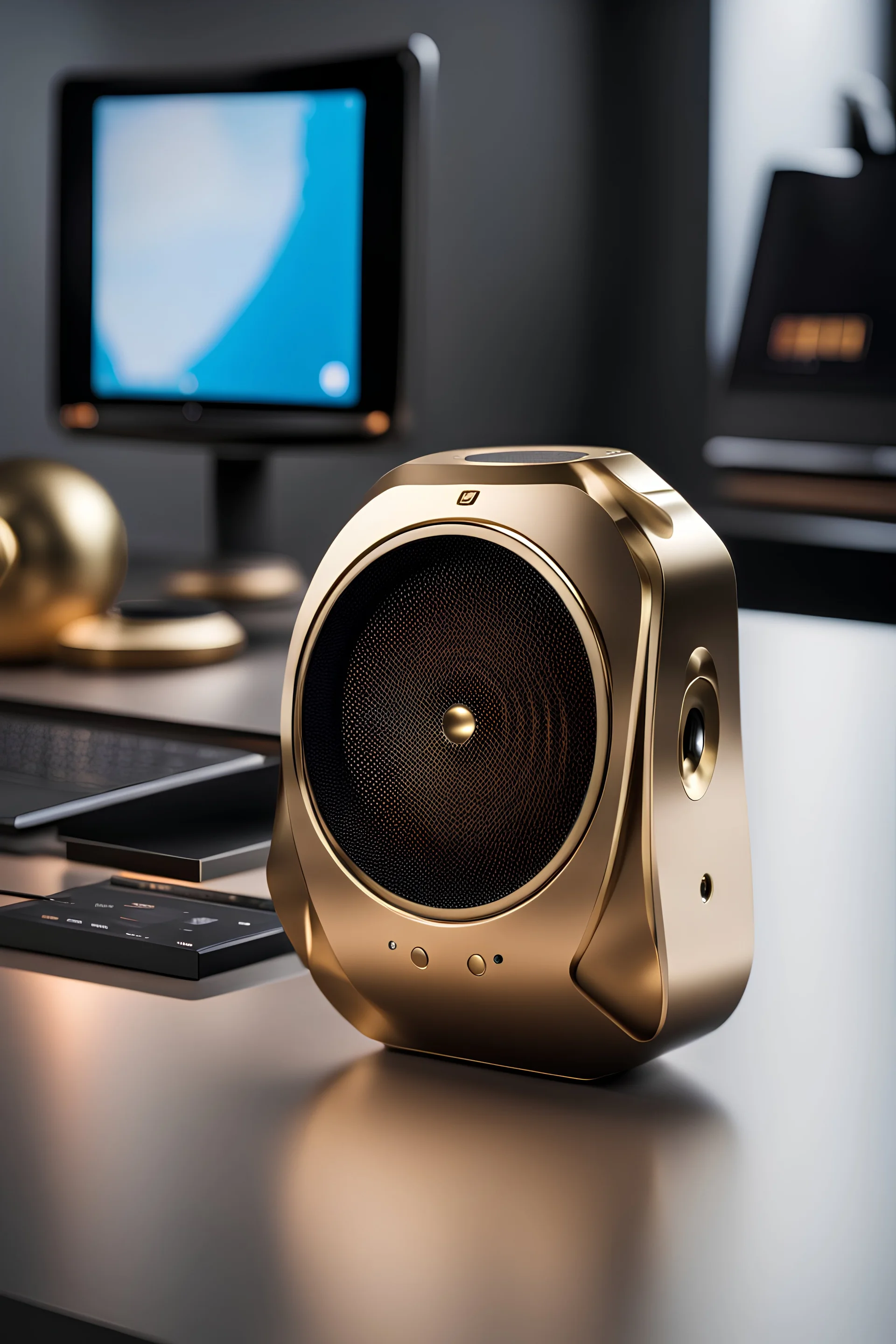 hand held CUSTOMIZABLE SPEAKER with a display screen and it is made of brass on a futuristic desk