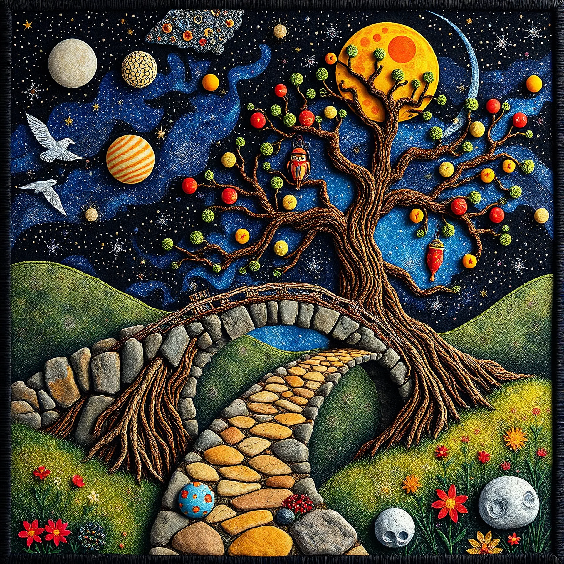 Photograph hasselblad h6d400c --ar 85:128 --v 6.0 of a fairy old bewitched bridge, tree, made of felt, art, 3d deep field, wide angle landscape scene, galaxies and planets, needlepoint, abstract silhoutte, expressionist style, colorful holiday, Gustav Klimt