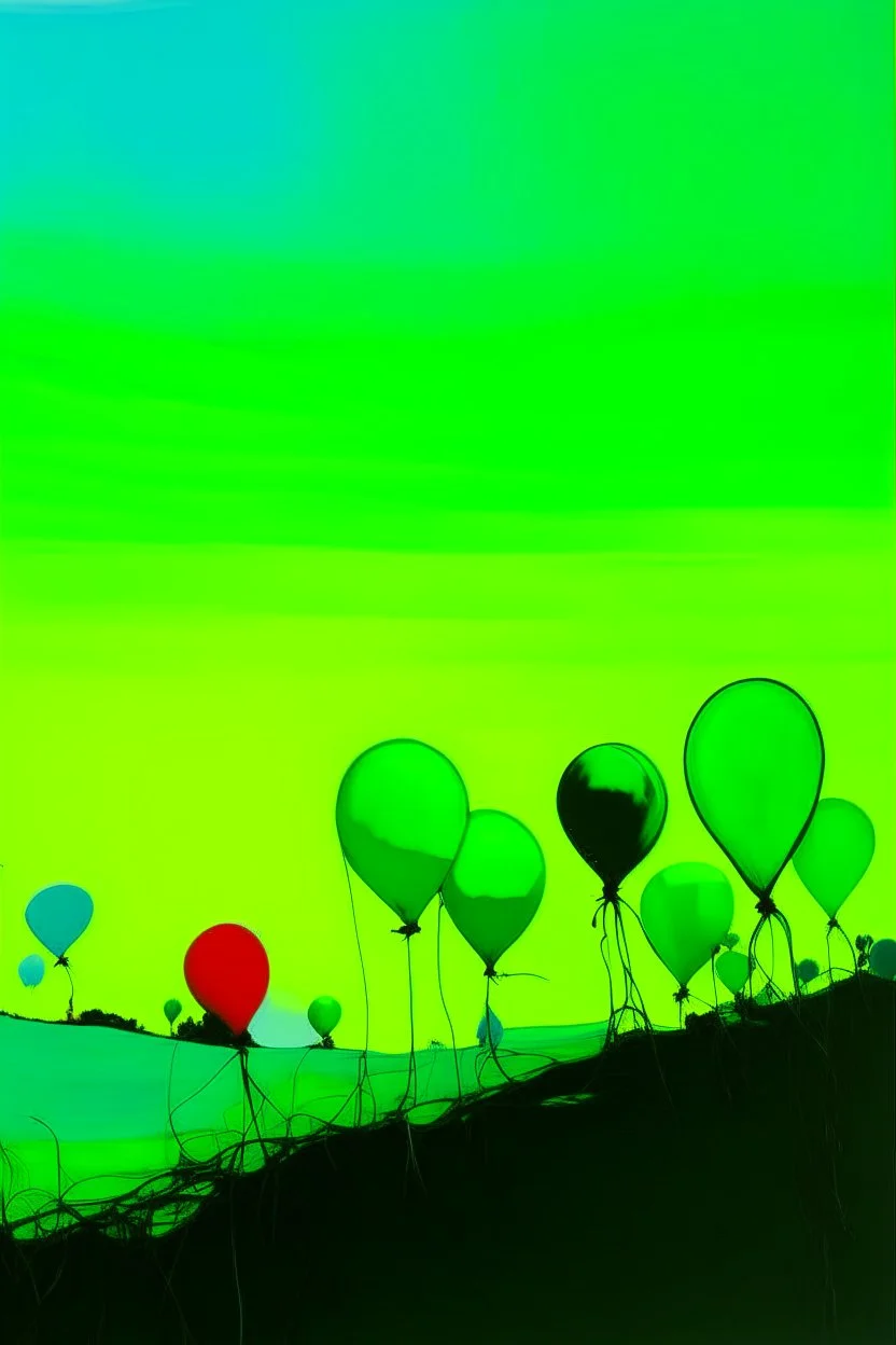 A neon green breezy sky with balloons designed in African pottery painted by Piet Mondrian