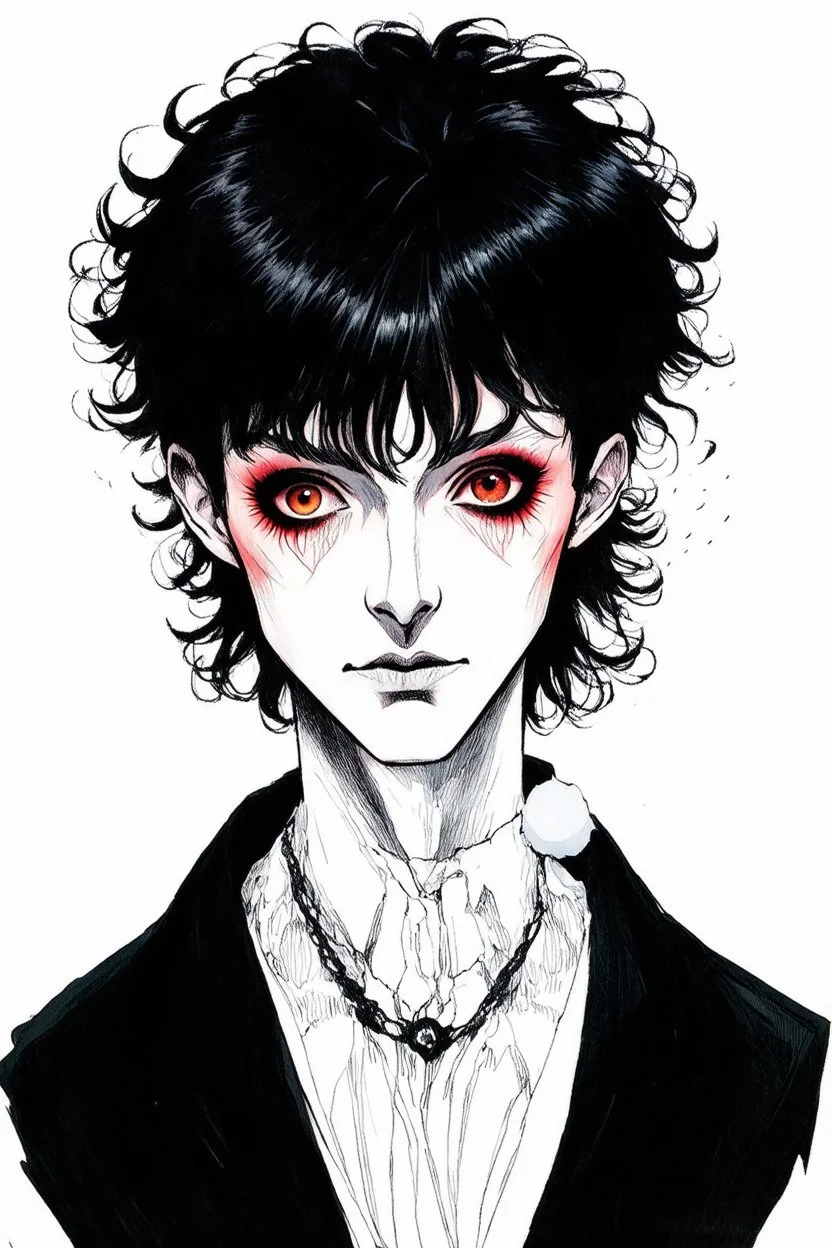 black hair, 19year old, male, alchemist, in the style of Harry Clarke