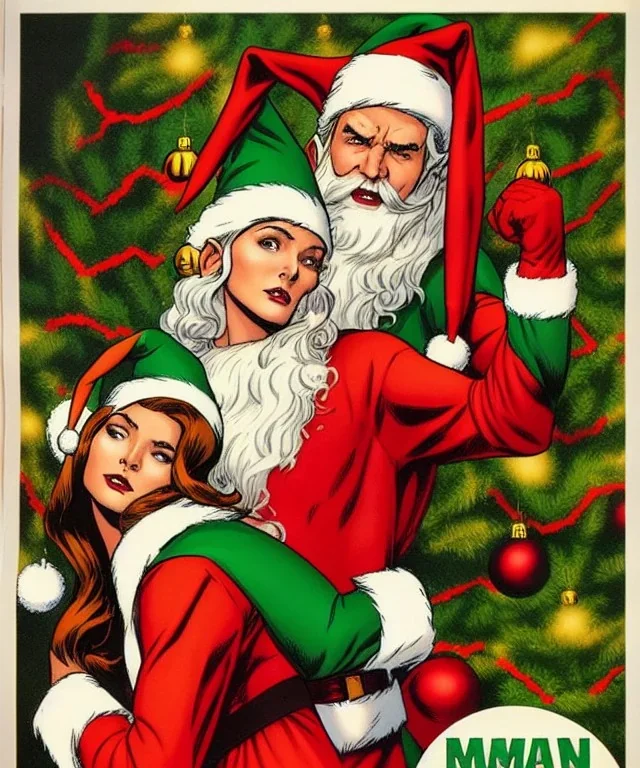 two elves. woman and man. Christmas scene. poster. marvel comic. low-key