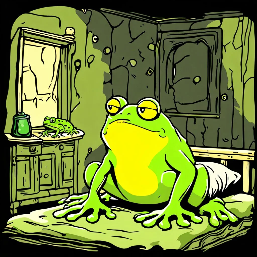 big fat large sad, yellow-green frog wearing a t-shirt, standing in an old, dilapidated room next to a bed. In the bed lies a gray, ancient and wrinkled lizard-medusa-frog mutant creature with two long tentacle arms, a large head, and big half-open black eyes with eyelashes. The blanket partially covers the creature. The frog gazes at the lizard creature, while the background is blurred, adding to the eerie atmosphere. The detailed, realistic rendering