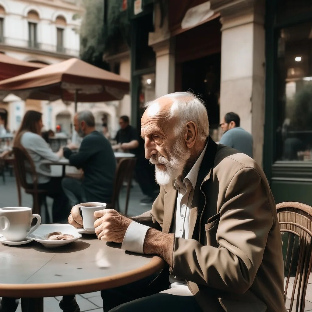 An old man drinks coffee at a table outside an Italian café and watches passers-by