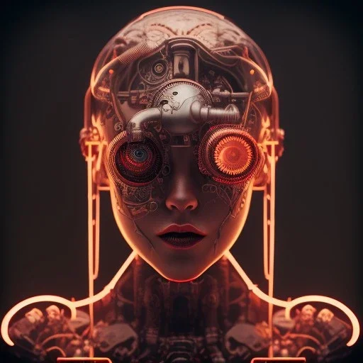 a girl with a cyborg brain and a lot of red liquid, steam punk, scary, horror, realistic, made in octane, cinematic, ultra-realistic, extremely detailed octane rendering, 8K, VRAY Super Real ar 2:3, dof photorealistic futuristic 50mm lens hard lighting dark gray tintype photograph, realistic lighting, sephia colors