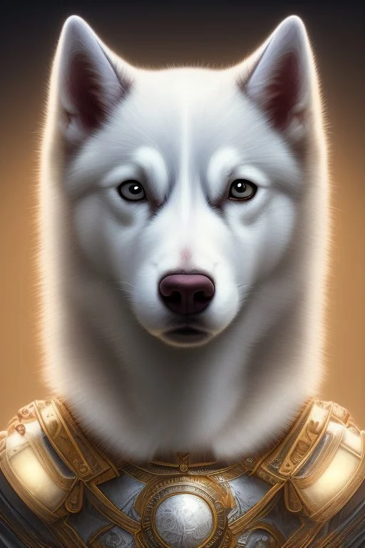 photorealistic cute white husky knight, hyperdetailed painting, luminism, Bar lighting, complex, messy old clothes, 4k resolution concept art, Artgerm, WLOP, Alphonse Mucha, 3d render, octane render, intricately detailed, cinematic, awesome full color, hand drawn, dark, gritty, realistic mucha, klimt, cinematic