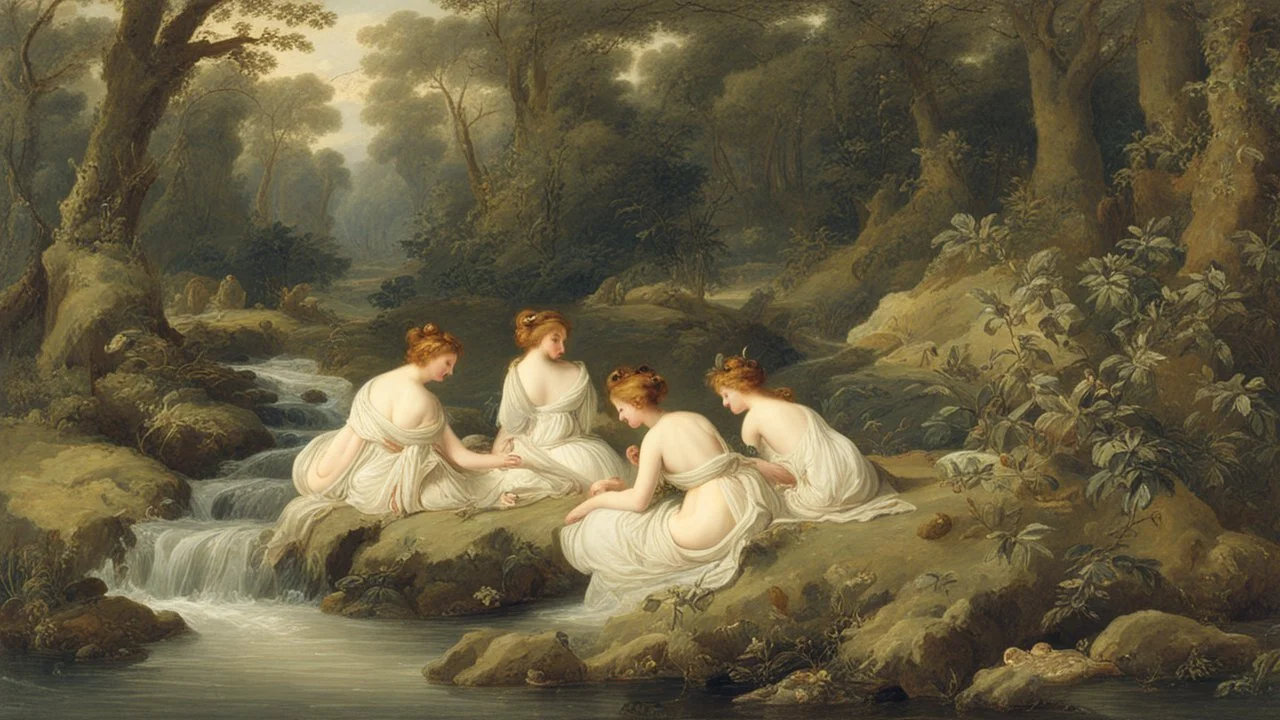 Nymphs sitting next to a stream, in a woodland clearing