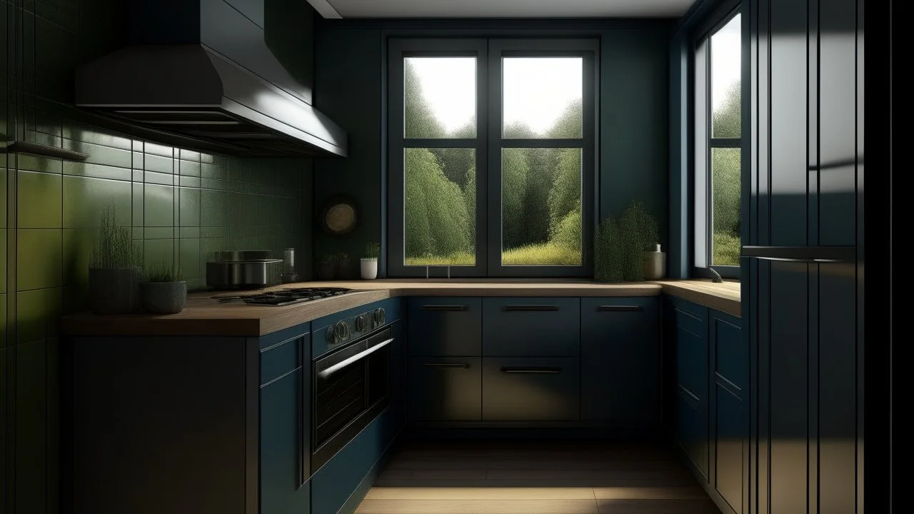 kitchen with dark blue, forest green on the left side by the window from the bottom up, a microwave and an oven installed in the furniture, and on the right side and next to it an induction hob and a cooker hood above it, on the right side there is a sink and a dishwasher underneath it