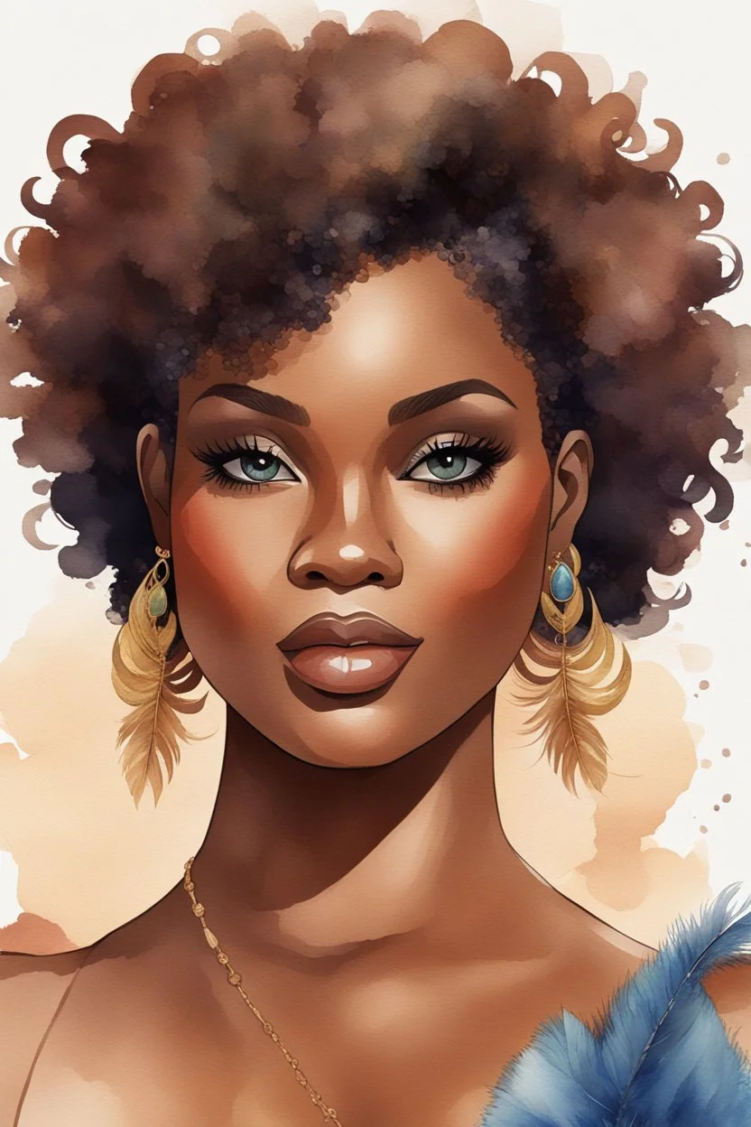 create a watercolor illustration of a plus size dark skinned black female wearing Tight blue jeans and a hazel brown off the shoulder blouse. Prominent make up with long lashes and hazel eyes. She is wearing brown feather earrings. Highly detailed short pixie cut