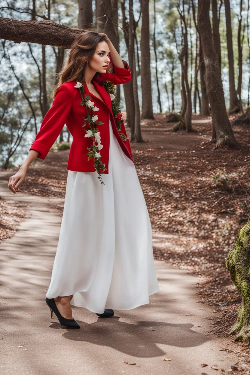 fullbody shot of young-beautiful-girl-with-a-perfect-face standing in green trees