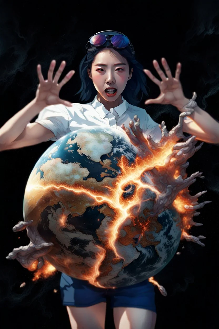 An image of a young Korean woman with a surprised expression, holding her hands up as if she is reacting to a catastrophic event in front of her. She is wearing a white blouse with detail, blue shorts, and sunglasses pushed up onto her head. In front of her, there is a highly detailed planet resembling Earth, dramatically cracking and breaking apart with fiery explosions and molten lava visible at the fractures. Debris is flying outward from the planet. The background is stars/space