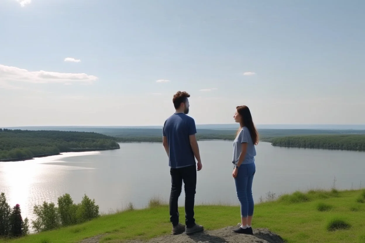 An image of two people exchanging criticism in a constructive and respectful manner, standing on a hill with a lake behind them 4K