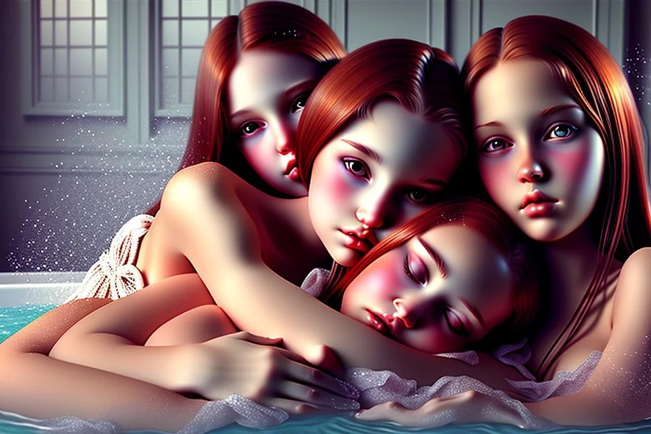 digital art of beautiful young auburn hair teenage girls with dad in the bedroom in a bathtub with grandpa hugging bare lips