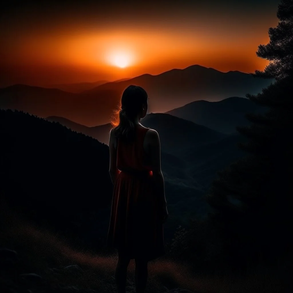 dark night, watching a woman from behind wearing a sleeveless dress who is watching a beautiful orange sunrise in the distance, mountains and forests around, photo quality