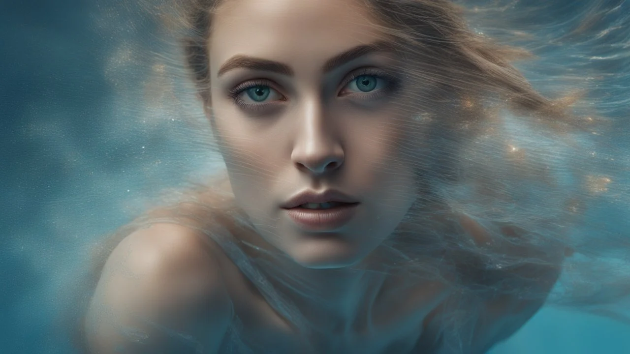 portrait of a woman, beautiful eyes, dancing underwater, scales, double exposure, glare, sparkles, clear lines, detail, fine rendering, high resolution, 64K, photorealism, precise focus, digital painting,