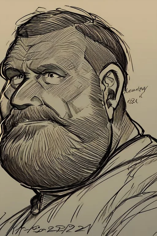 Man, fat, 40 years old, brown hair, portrait, sketch, drawing
