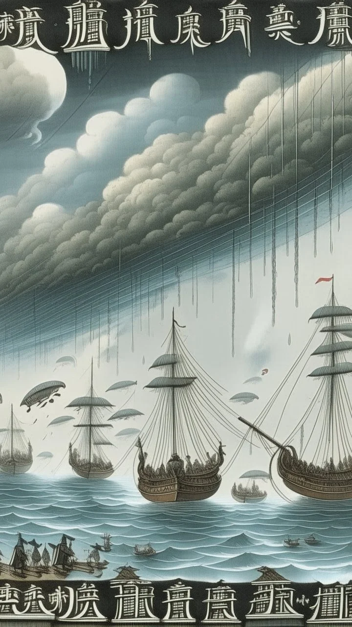 A white sky with airships in a thunderstorm painted by Utagawa Hiroshige