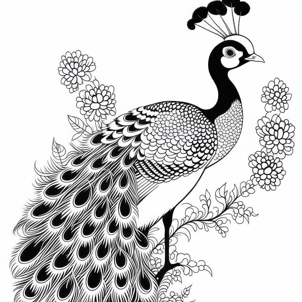 white, A peacock perched on a branch., coloring book, vector, white background, outline, with images neatly contained within the background, just black and white color, full body, no color.