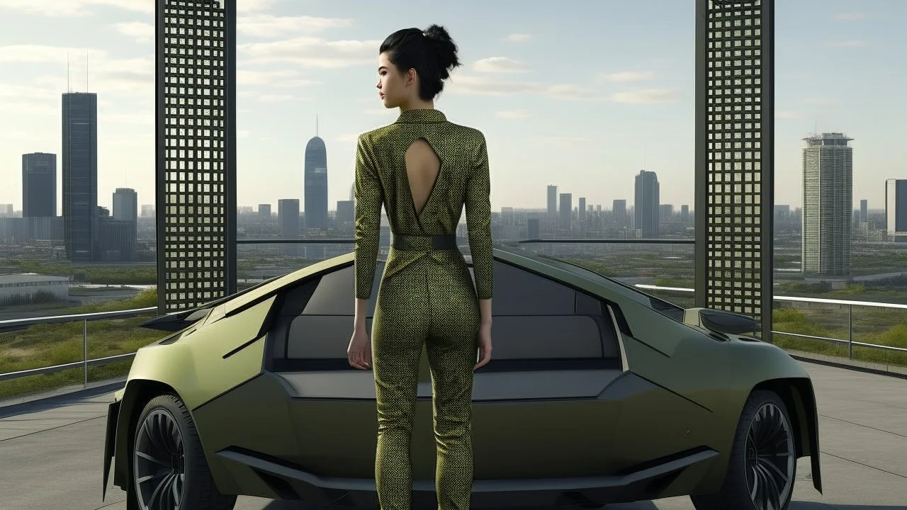 Tall thin women, with straight black hair, dressed in a camouflaged jumpsuit, looking out from the rear of a futuristic aircar, on a tarmac runway, with a city skyline in the distance