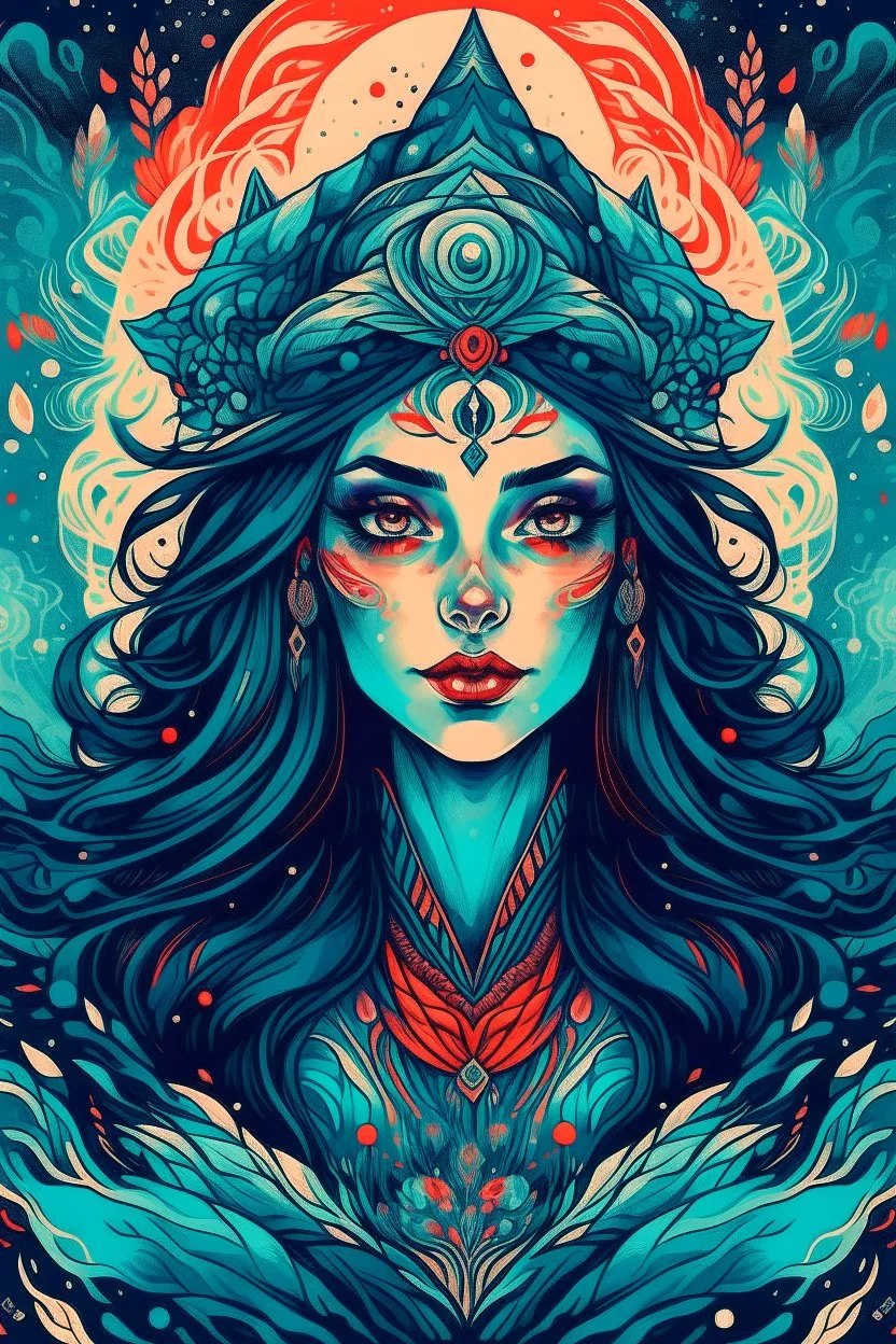 create an abstract impressionist, ethereal, darkly magical lithographic print illustration of an epic female Andalusian sorceress with highly detailed and deeply cut facial features